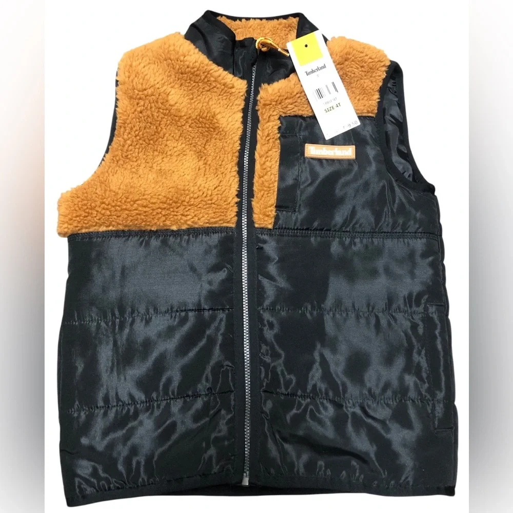 Timberland N.W.T. Size 4 Toddler Kids' Black‎ and Gold,Orange,Brown,Fleece Vest.